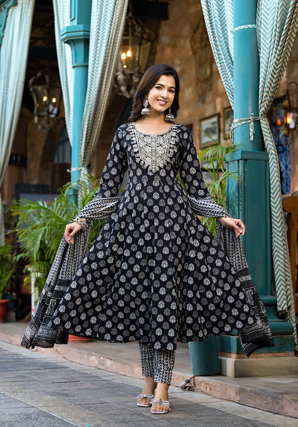 Black Pure Cotton Anarkali Dori_Embroidery Kurta Trouser With Dupatta Set-Yufta Store-1284SKDBKS