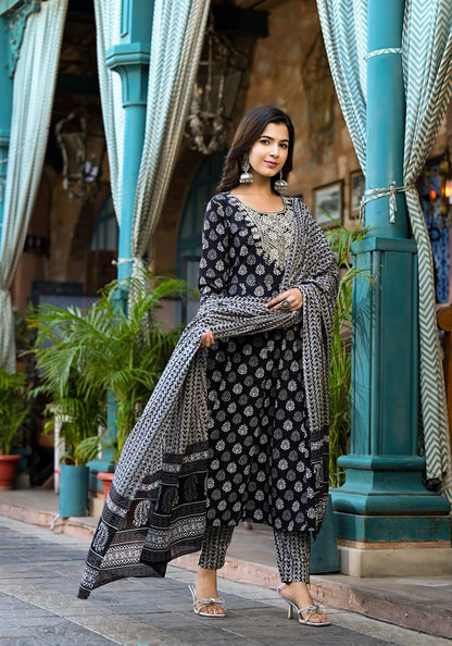 Black Pure Cotton Anarkali Dori_Embroidery Kurta Trouser With Dupatta Set-Yufta Store-1284SKDBKS