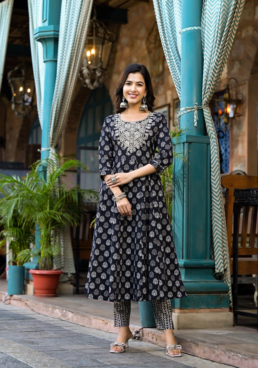 Black Pure Cotton Anarkali Dori_Embroidery Kurta Trouser With Dupatta Set-Yufta Store-1284SKDBKS