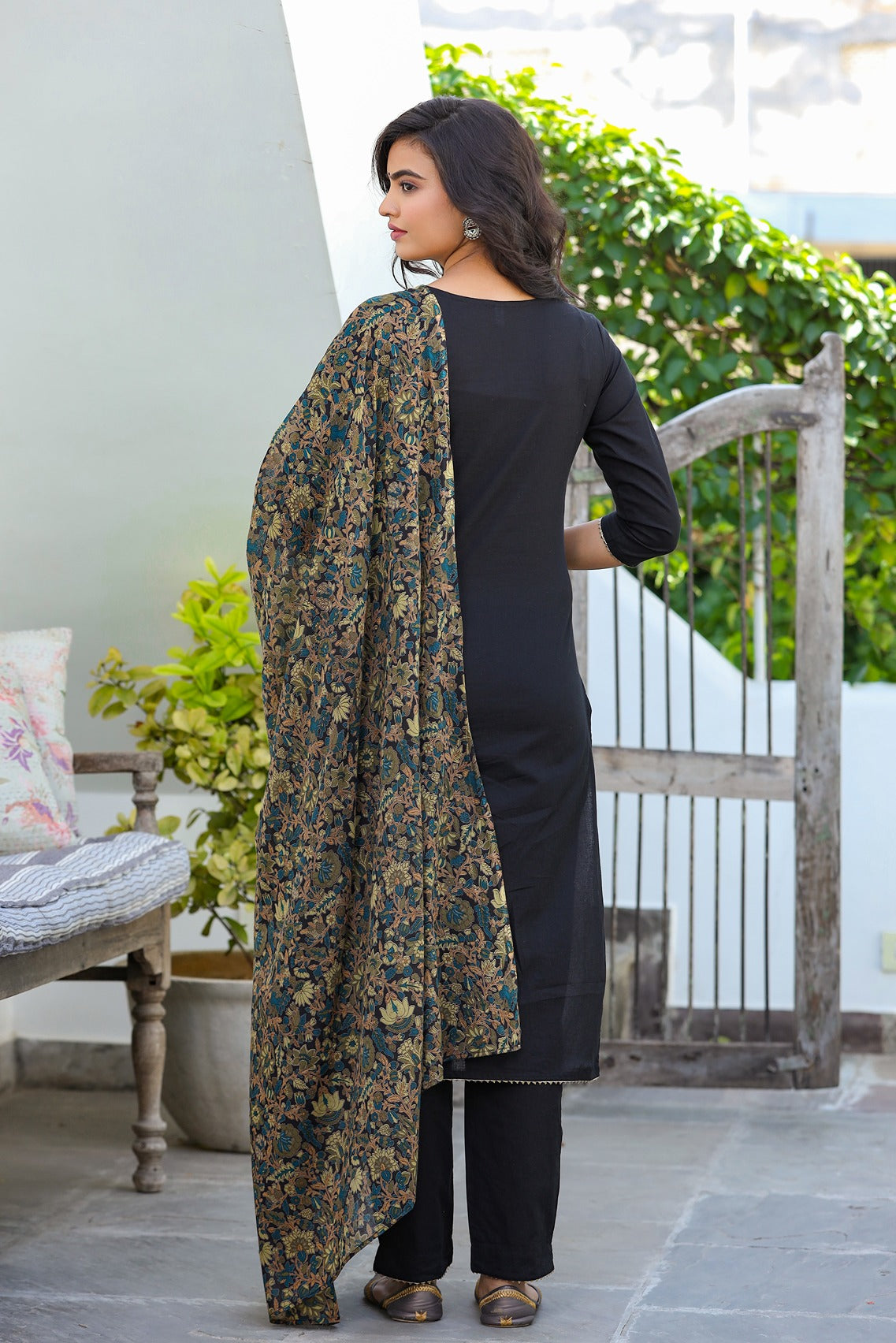 Black Solid With Printed Yoke Dupatta Set-Yufta Store-9303SKDBKS