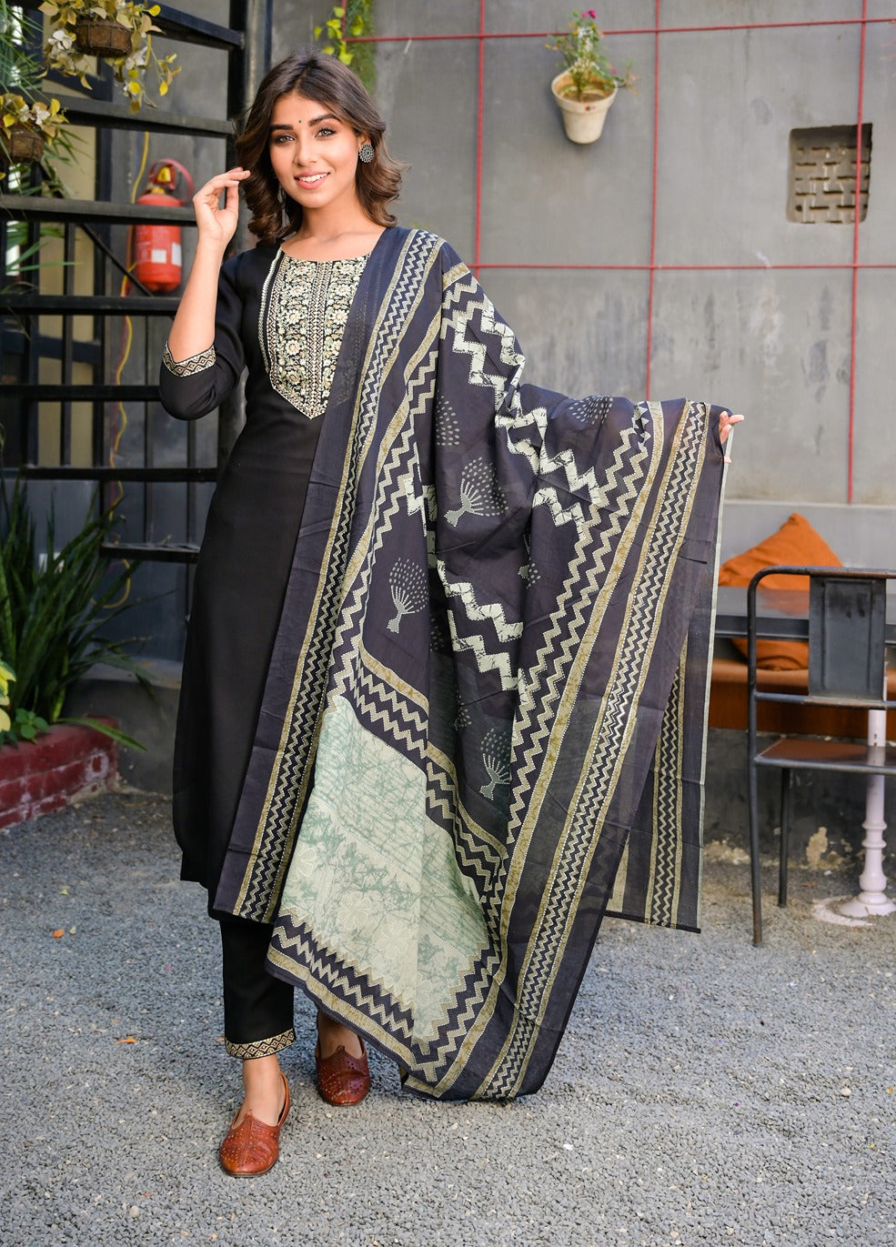 Black and Beige Printed Dupatta Set-Yufta Store-7875SKDBKS