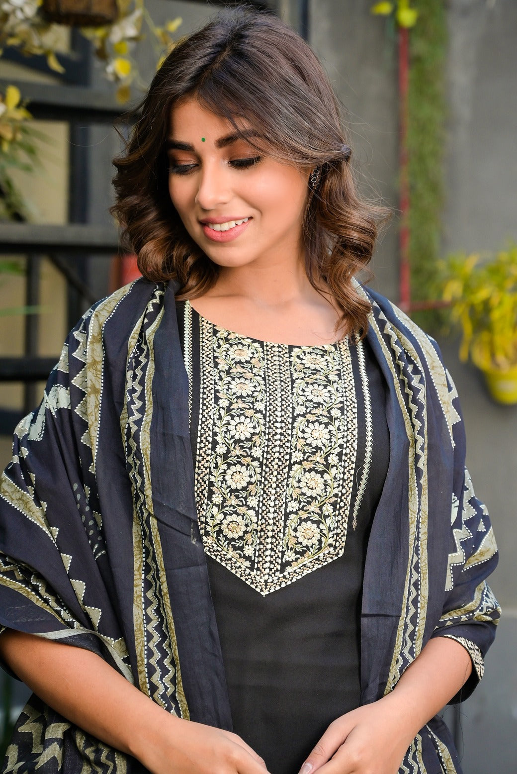 Black and Beige Printed Dupatta Set-Yufta Store-7875SKDBKS