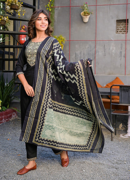 Black and Beige Printed Dupatta Set-Yufta Store-7875SKDBKS