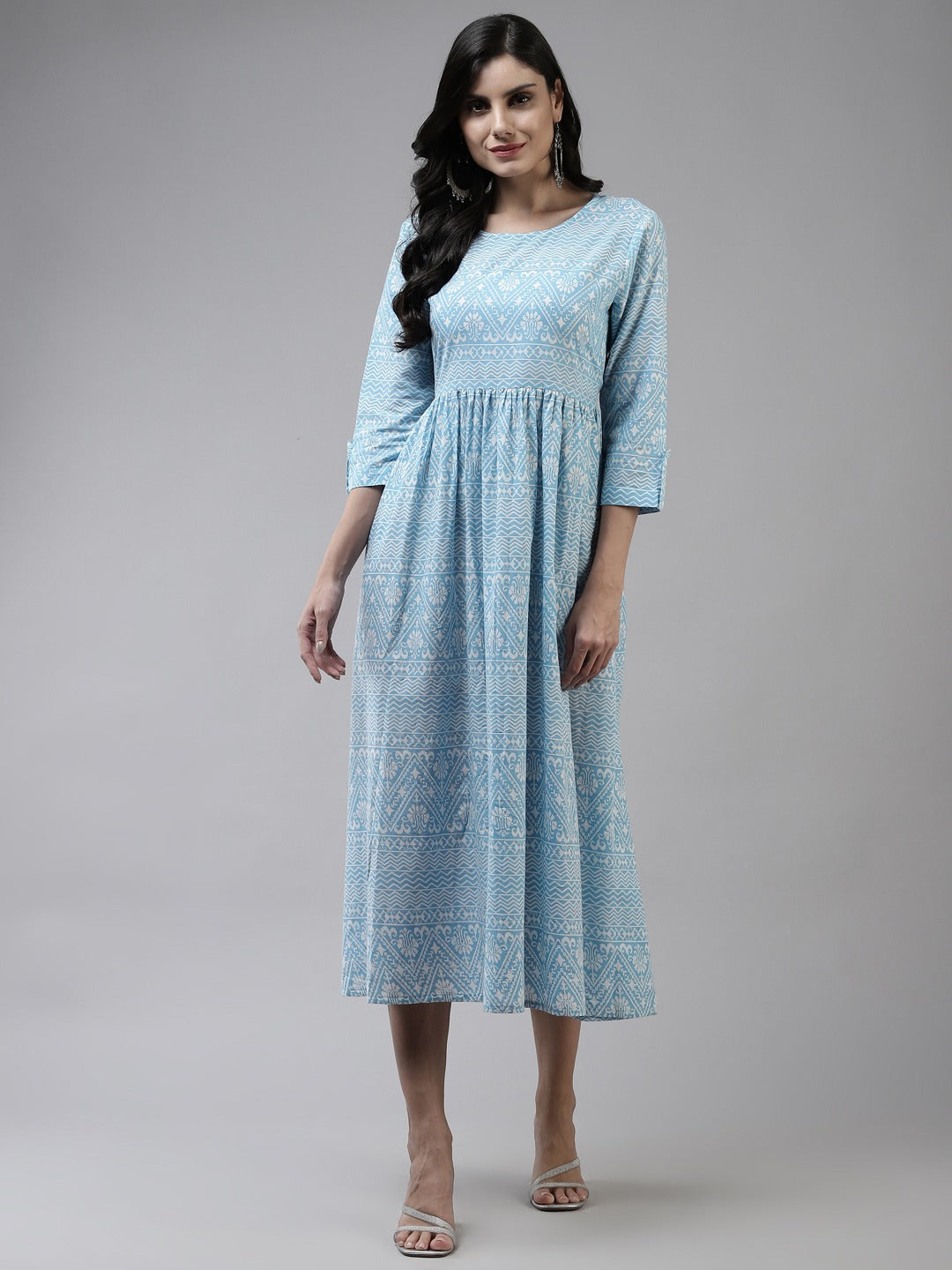 Blue Cotton Ethnic Midi Dress-Yufta Store-9786DRSSBS