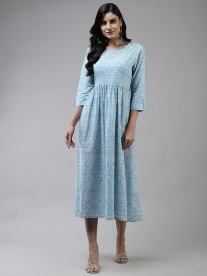 Blue Cotton Ethnic Midi Dress-Yufta Store-9786DRSSBS