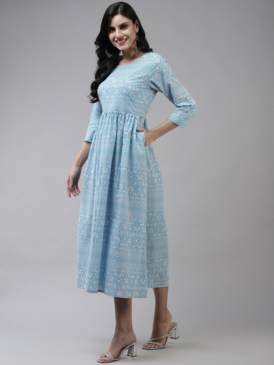 Blue Cotton Ethnic Midi Dress-Yufta Store-9786DRSSBS