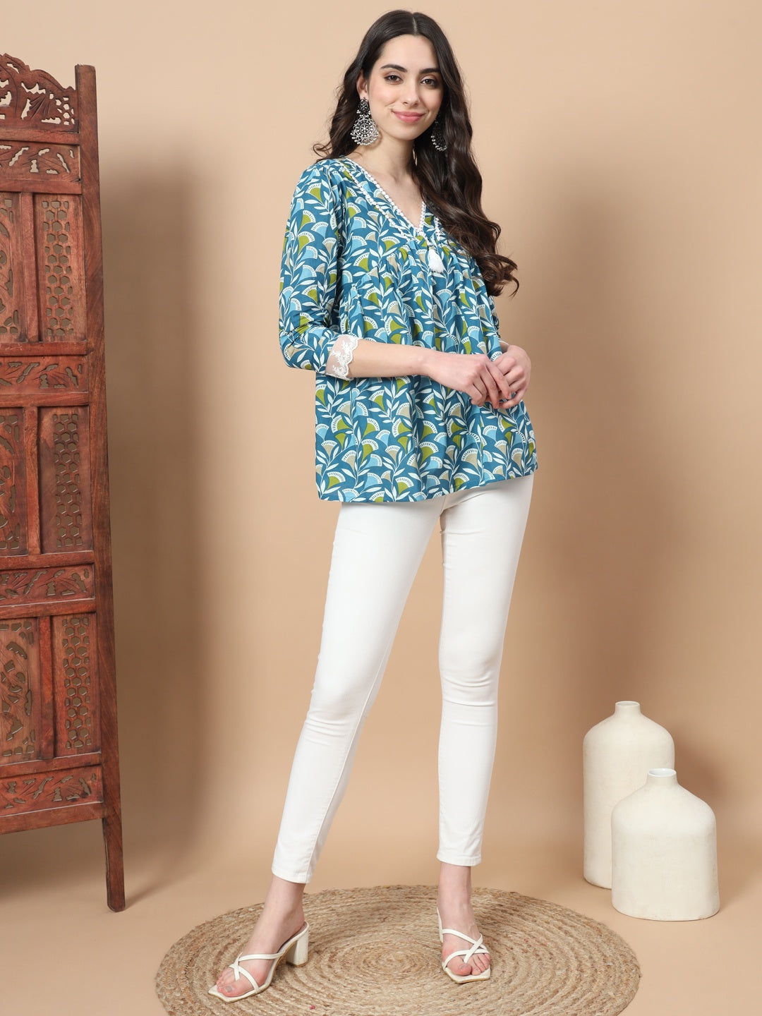 Blue Cotton Floral Printed Top With Lace Details-Yufta Store-1759TOPBLS