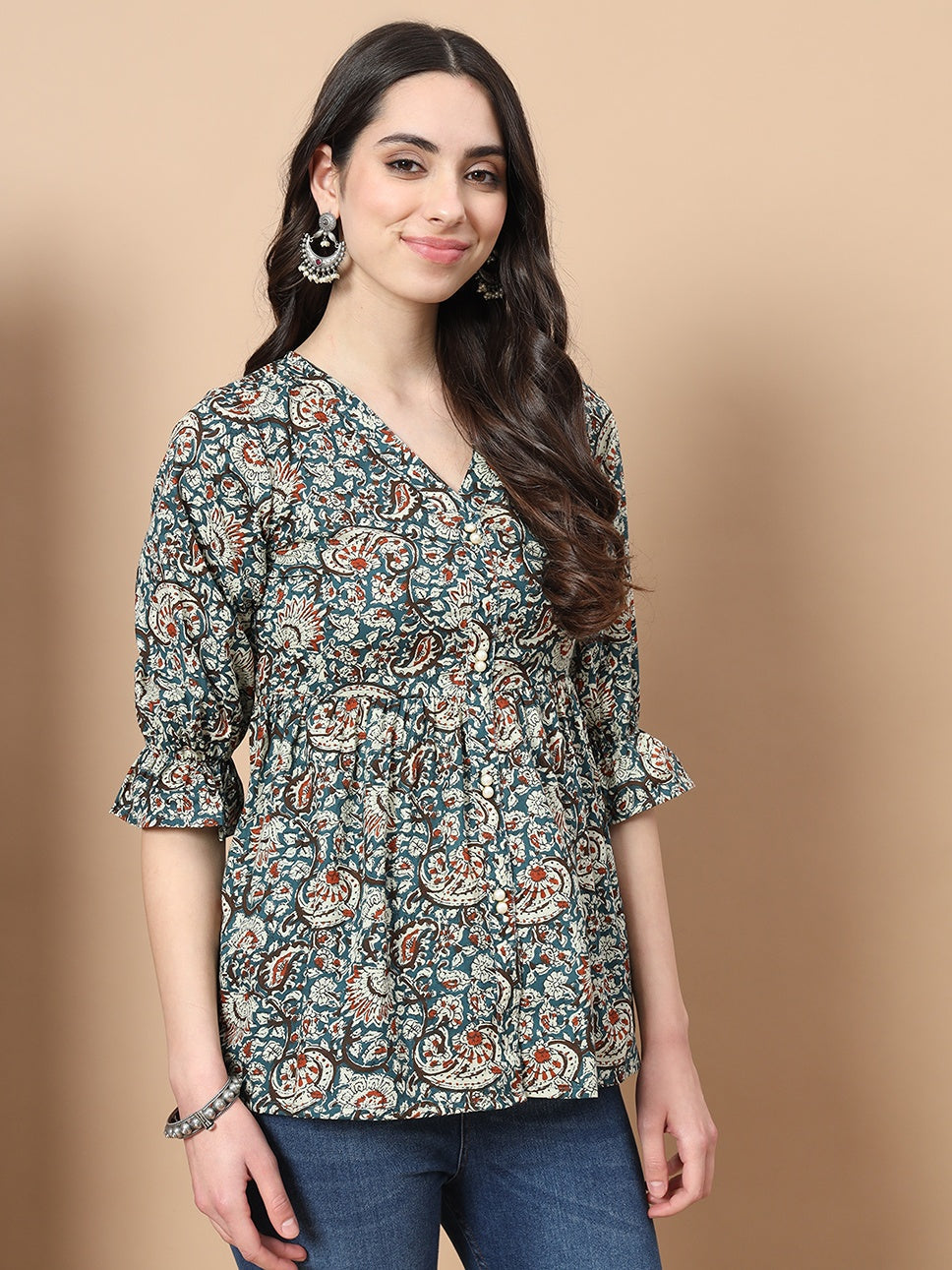 Blue Cotton Kalamkari Peplum Top-Yufta Store-1753TOPBLS