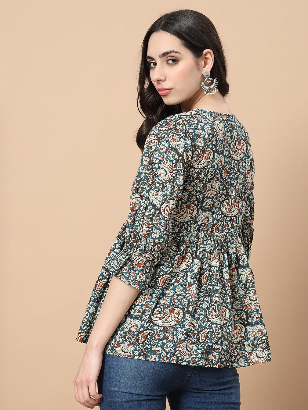 Blue Cotton Kalamkari Peplum Top-Yufta Store-1753TOPBLS