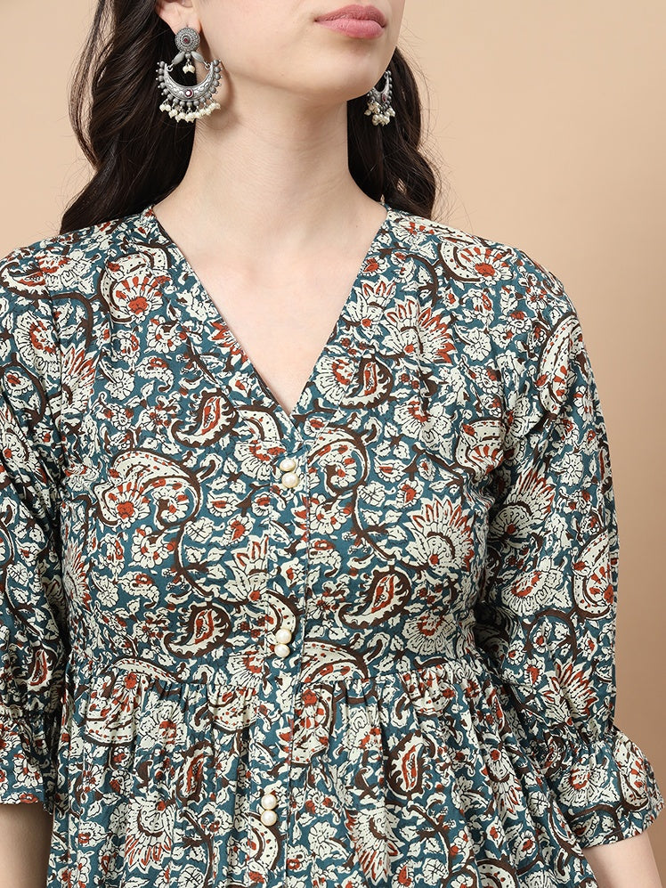 Blue Cotton Kalamkari Peplum Top-Yufta Store-1753TOPBLS