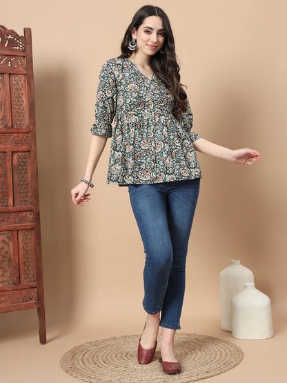 Blue Cotton Kalamkari Peplum Top-Yufta Store-1753TOPBLS