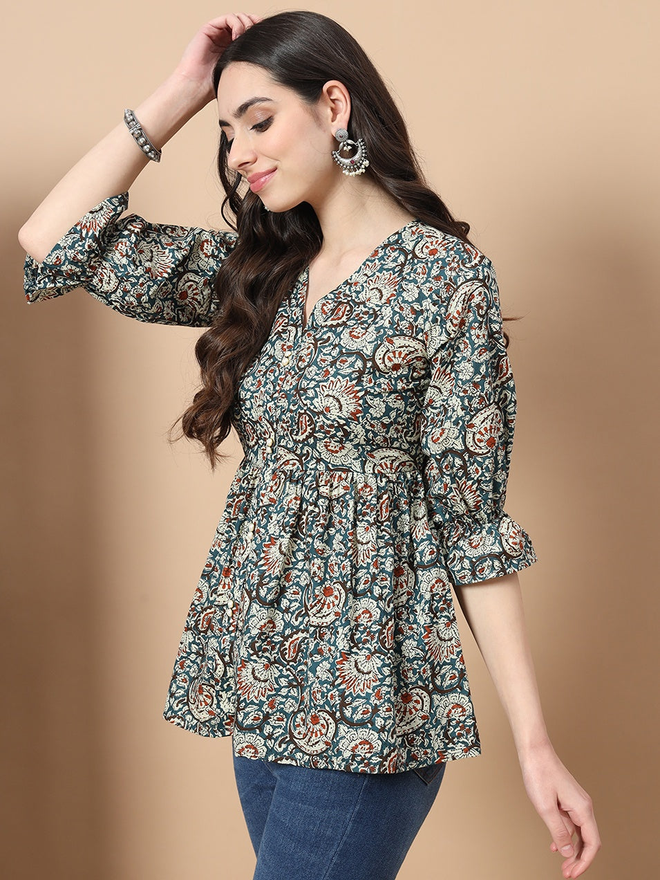 Blue Cotton Kalamkari Peplum Top-Yufta Store-1753TOPBLS