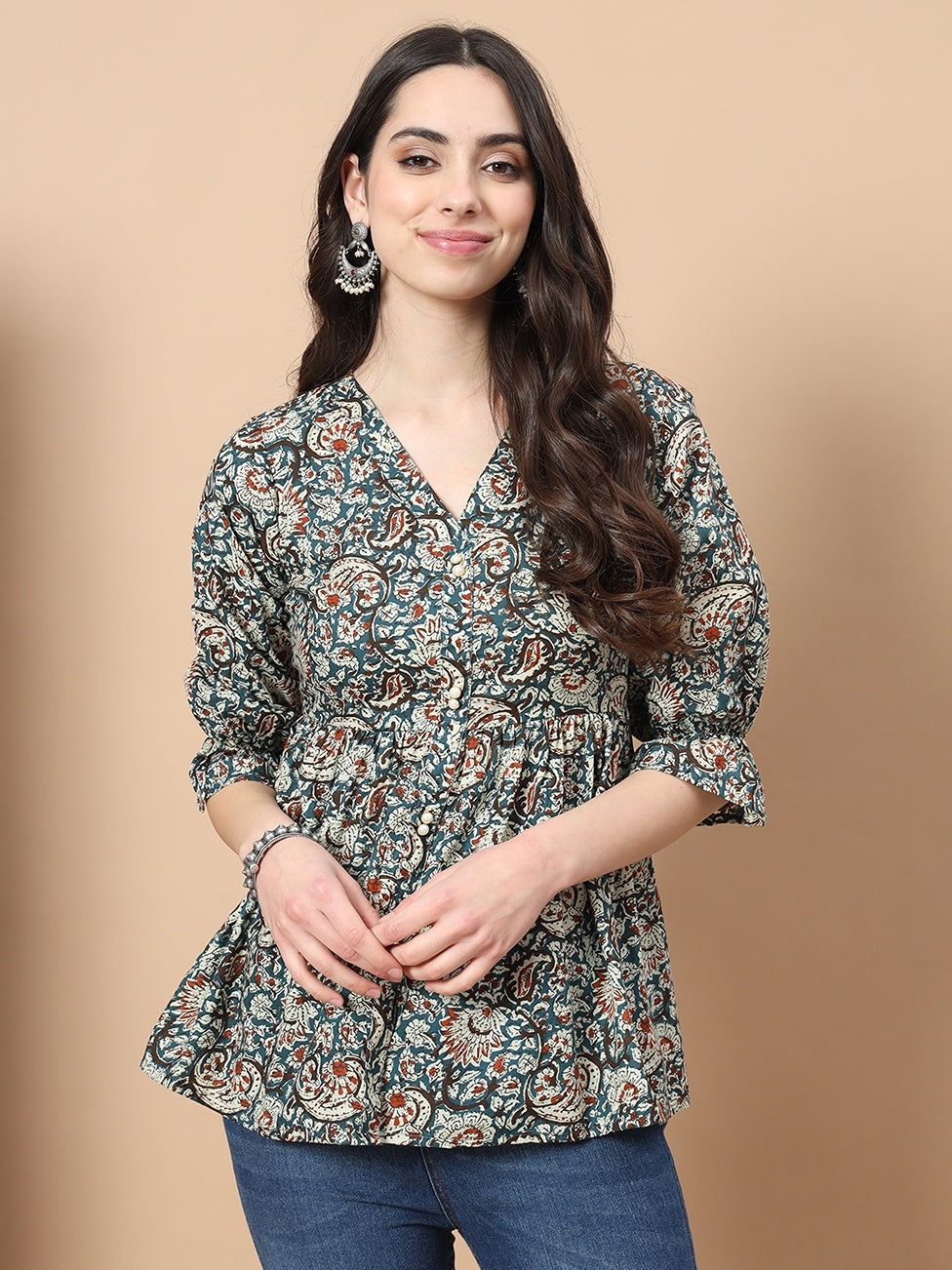 Blue Cotton Kalamkari Peplum Top-Yufta Store-1753TOPBLS