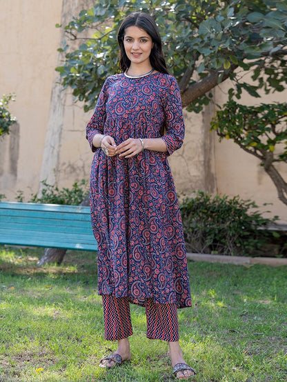 Blue Cotton Printed gathered kurta Set With Front Slit-Yufta Store-1883SETBLS