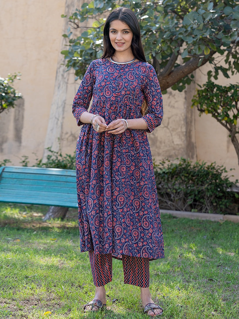 Blue Cotton Printed gathered kurta Set With Front Slit-Yufta Store-1883SETBLS