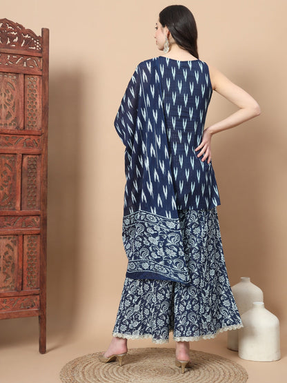 Blue Cotton Sleeveless Ikat Print Kurta Dupatta Set-Yufta Store-1879SKDBLS