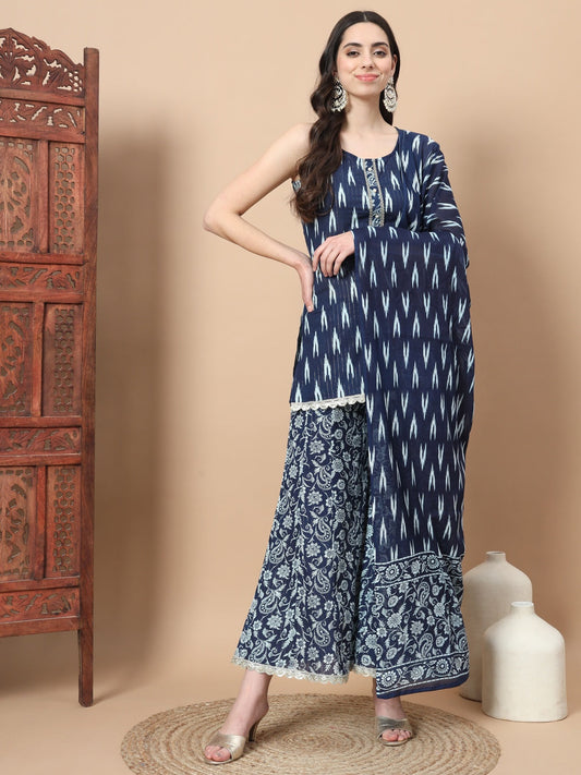 Blue Cotton Sleeveless Ikat Print Kurta Dupatta Set-Yufta Store-1879SKDBLS