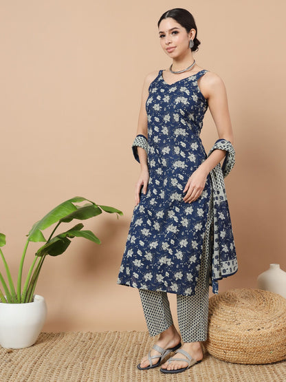 Blue Cotton Sleveless Kurta Dupatta Set-Yufta Store-1926SKDBLS