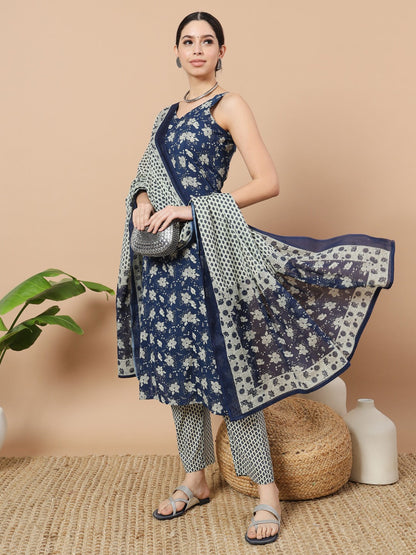 Blue Cotton Sleveless Kurta Dupatta Set-Yufta Store-1926SKDBLS