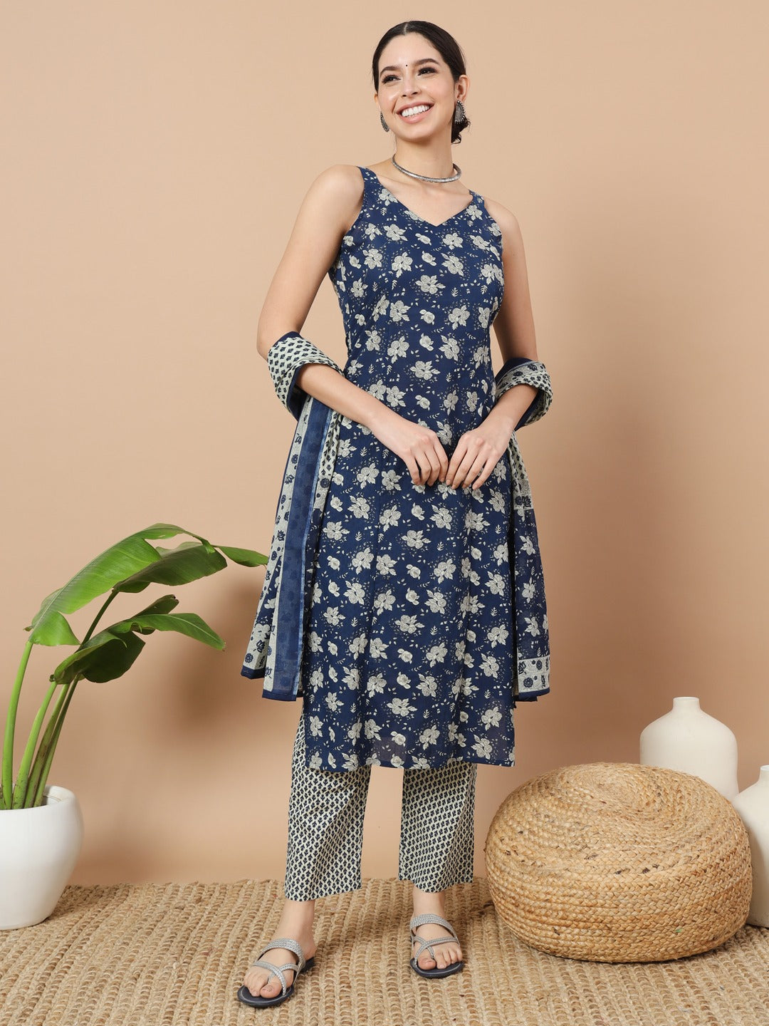 Blue Cotton Sleveless Kurta Dupatta Set-Yufta Store-1926SKDBLS