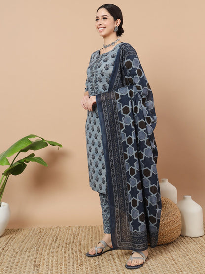 Blue Ethnic Motifs Block Print Straight Kurta Trouser And Dupatta Set-Yufta Store-6817SKDBLS