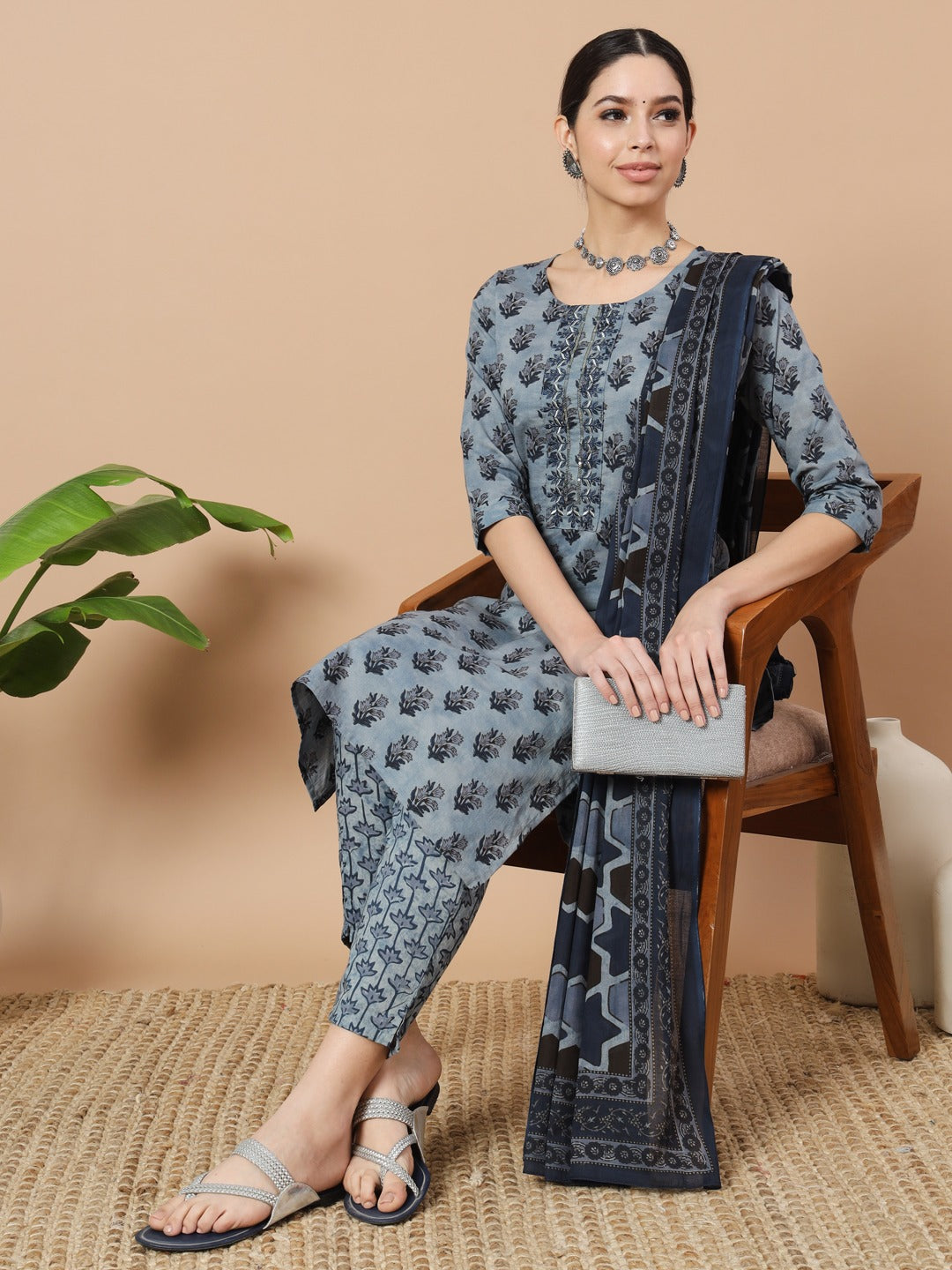 Blue Ethnic Motifs Block Print Straight Kurta Trouser And Dupatta Set-Yufta Store-6817SKDBLS