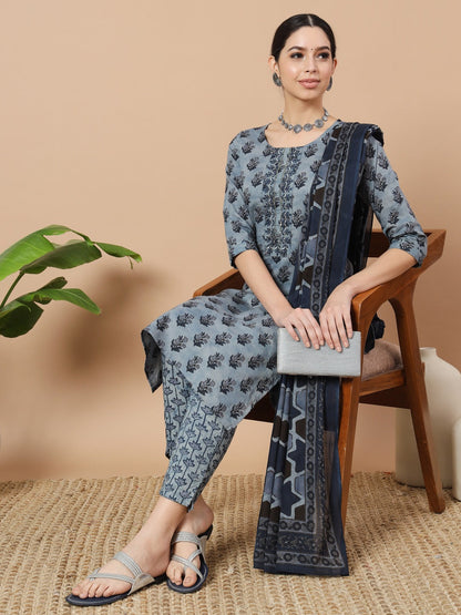 Blue Ethnic Motifs Block Print Straight Kurta Trouser And Dupatta Set-Yufta Store-6817SKDBLS