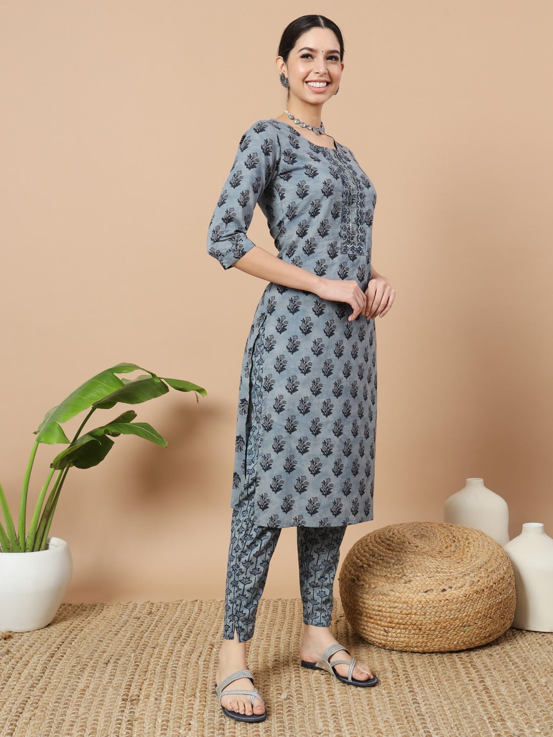 Blue Ethnic Motifs Block Print Straight Kurta Trouser And Dupatta Set-Yufta Store-6817SKDBLS