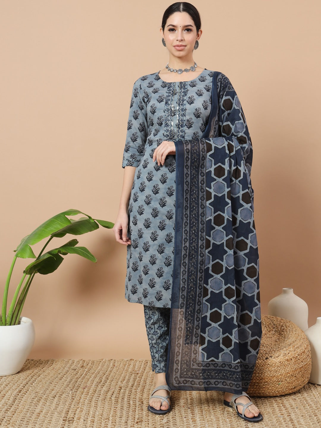 Blue Ethnic Motifs Block Print Straight Kurta Trouser And Dupatta Set-Yufta Store-6817SKDBLS