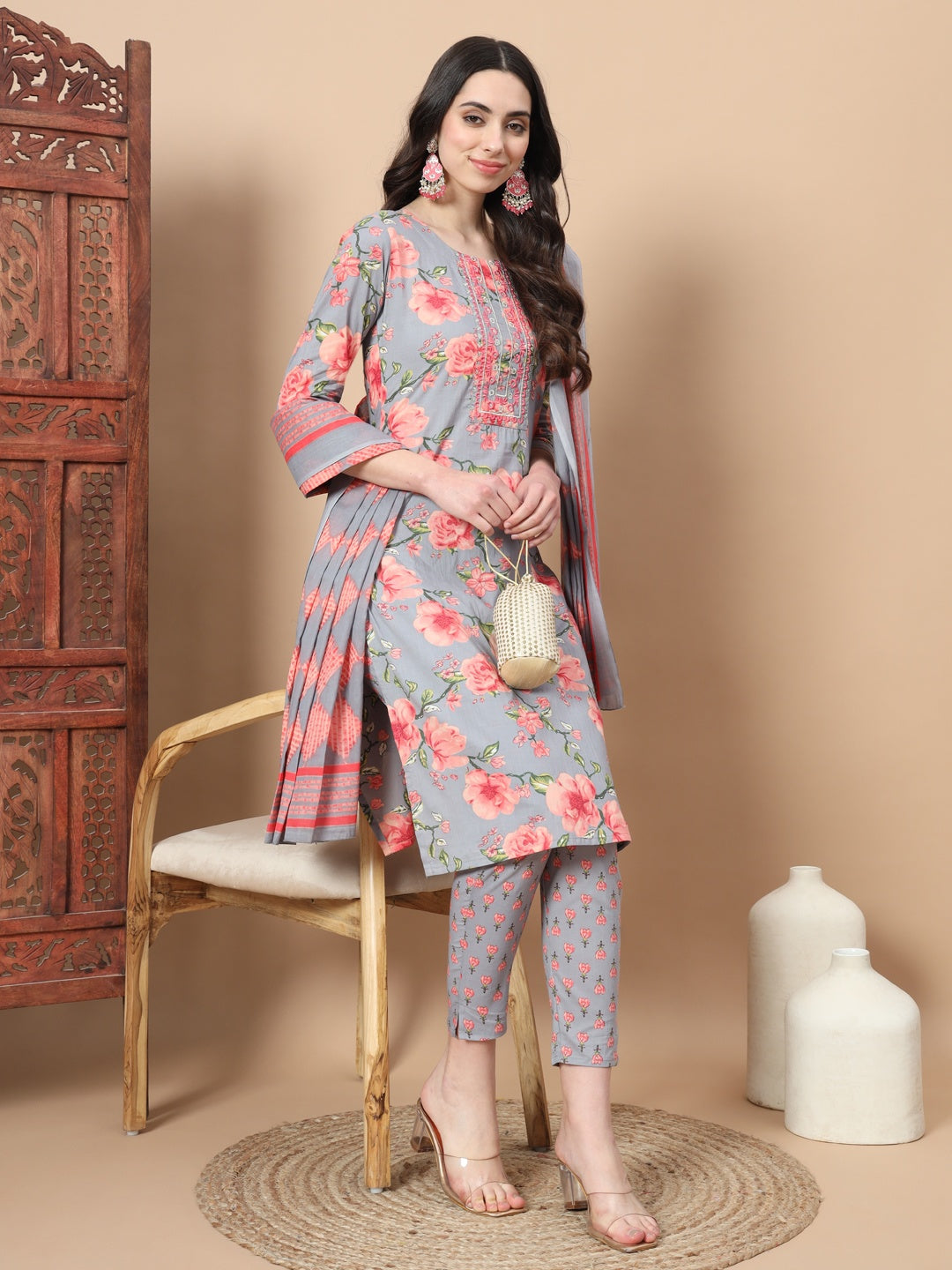 Blue Ethnic Motifs Cotton Kurta Dupatta Set-Yufta Store-6815SKDBLS