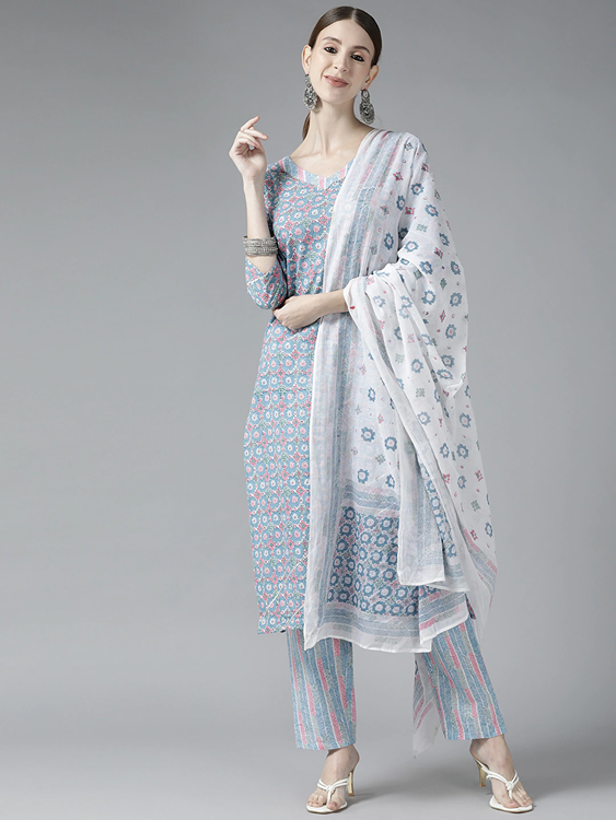 Blue Ethnic Motifs Printed Straight Pure Cotton Dupatta Set-Yufta Store-9759SKDBLS