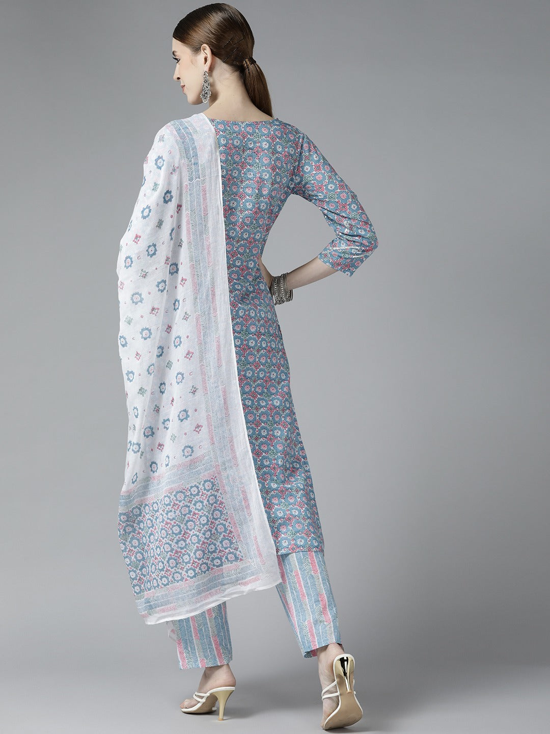 Blue Ethnic Motifs Printed Straight Pure Cotton Dupatta Set-Yufta Store-9759SKDBLS