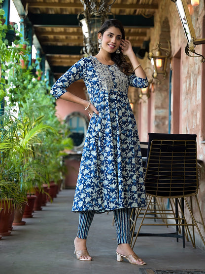 Blue Floral Dori_Embroidery Kurta Trouser With Dupatta Set-Yufta Store-1724SKDBLS