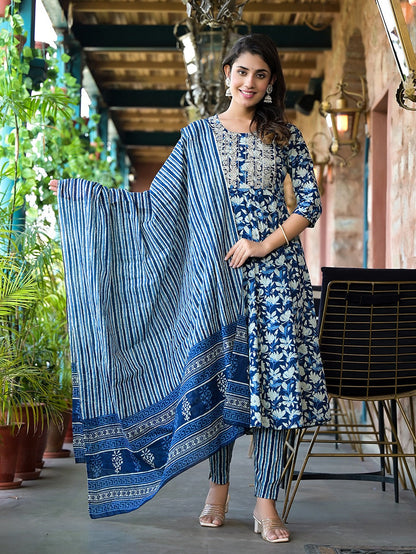 Blue Floral Dori_Embroidery Kurta Trouser With Dupatta Set-Yufta Store-1724SKDBLS