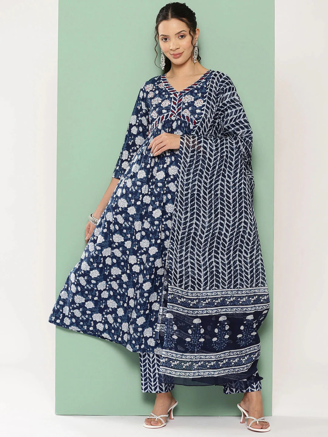 Blue Floral Print Anarkali Shape Kurta with Trousers & With Dupatta-Yufta Store-1334SKDBLS