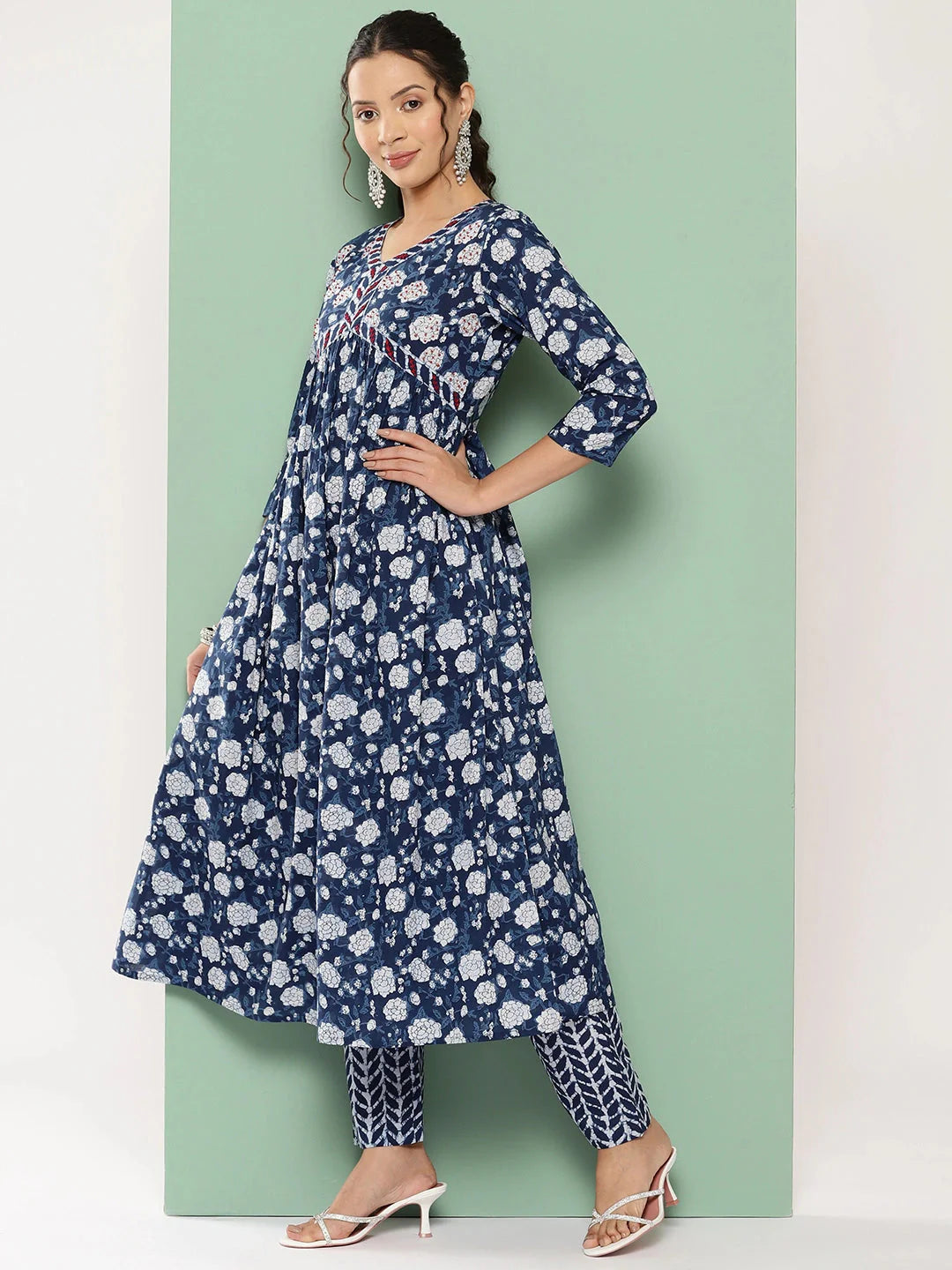 Blue Floral Print Anarkali Shape Kurta with Trousers & With Dupatta-Yufta Store-1334SKDBLS