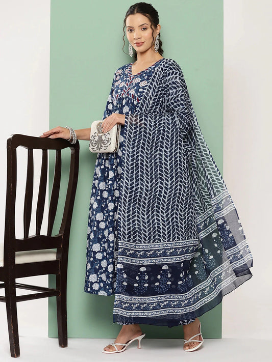 Blue Floral Print Anarkali Shape Kurta with Trousers & With Dupatta-Yufta Store-1334SKDBLS