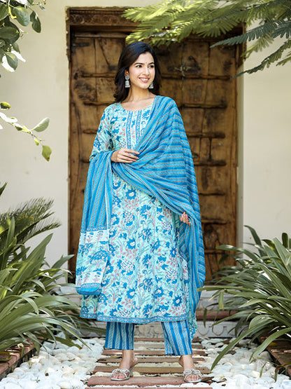 Blue Floral Print Regular Pure Cotton Kurta With Trousers & Dupatta-Yufta Store-1197SKDSBS