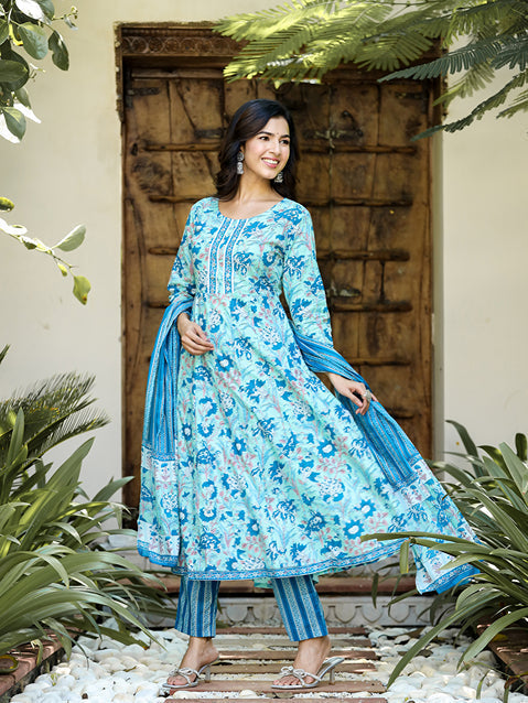 Blue Floral Print Regular Pure Cotton Kurta With Trousers & Dupatta-Yufta Store-1197SKDSBS