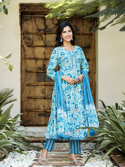 Blue Floral Print Regular Pure Cotton Kurta With Trousers & Dupatta-Yufta Store-1197SKDSBS