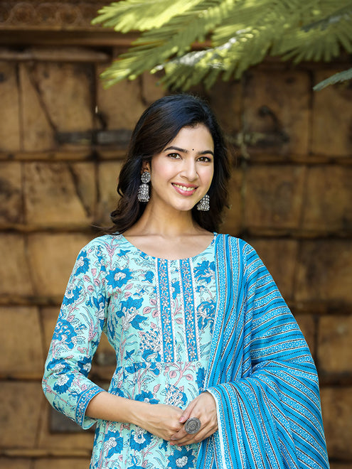 Blue Floral Print Regular Pure Cotton Kurta With Trousers & Dupatta-Yufta Store-1197SKDSBS