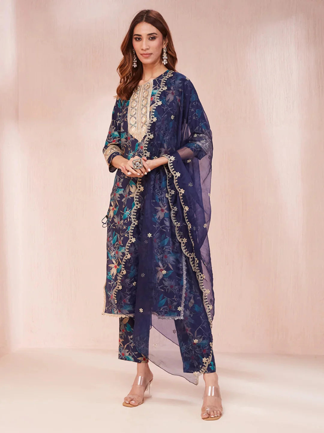 Blue Floral Print Sequins_Work Straight Kurta Trouser And Dupatta Set-Yufta Store-1784SKDBLS