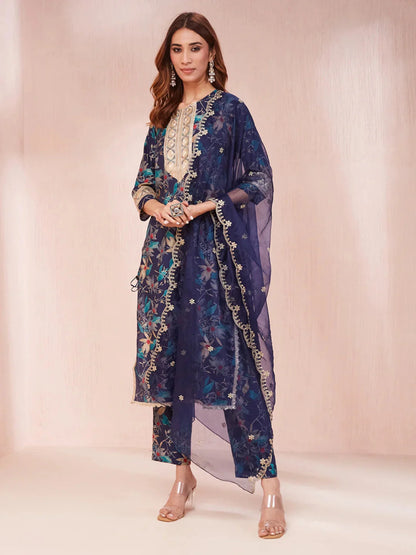 Blue Floral Print Sequins_Work Straight Kurta Trouser And Dupatta Set-Yufta Store-1784SKDBLS