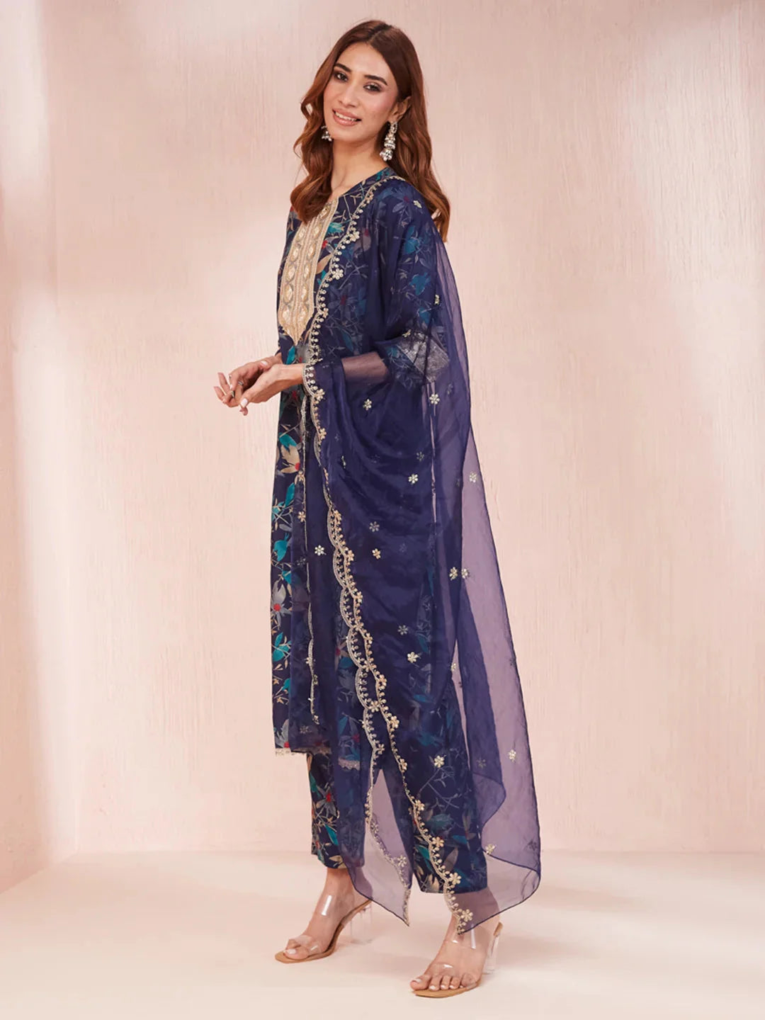 Blue Floral Print Sequins_Work Straight Kurta Trouser And Dupatta Set-Yufta Store-1784SKDBLS