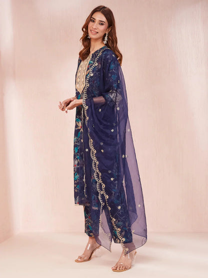 Blue Floral Print Sequins_Work Straight Kurta Trouser And Dupatta Set-Yufta Store-1784SKDBLS