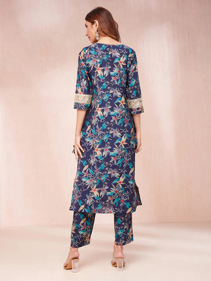 Blue Floral Print Sequins_Work Straight Kurta Trouser And Dupatta Set-Yufta Store-1784SKDBLS