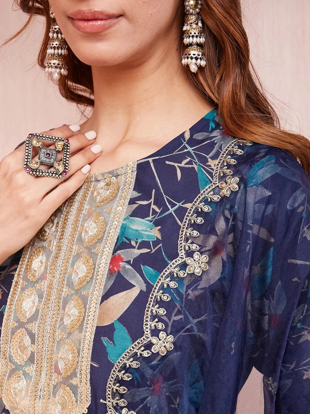 Blue Floral Print Sequins_Work Straight Kurta Trouser And Dupatta Set-Yufta Store-1784SKDBLS