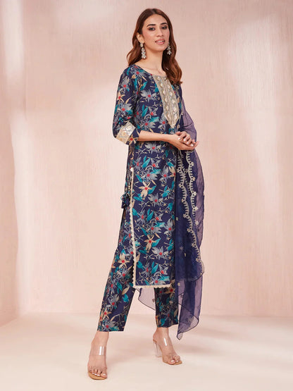 Blue Floral Print Sequins_Work Straight Kurta Trouser And Dupatta Set-Yufta Store-1784SKDBLS