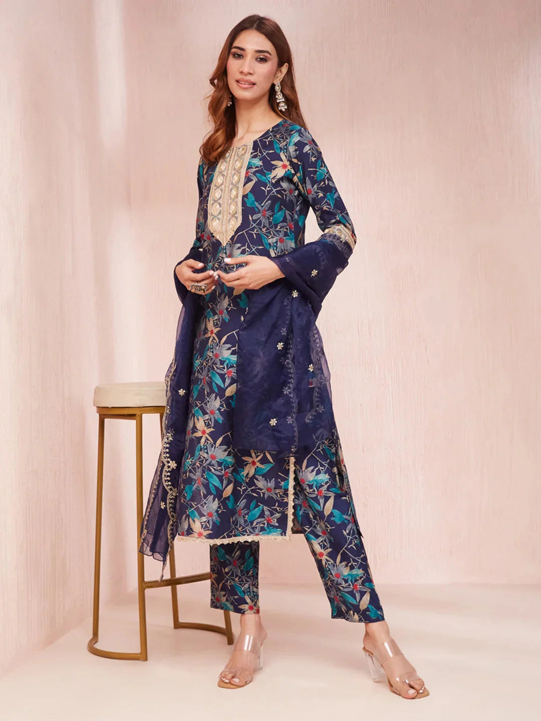 Blue Floral Print Sequins_Work Straight Kurta Trouser And Dupatta Set-Yufta Store-1784SKDBLS