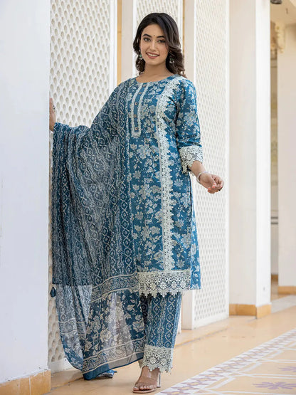 Blue Floral Print Straight Pakistani Style Kurta Trouser And Dupatta Set With Lace Work-Yufta Store-6884SKDBLM